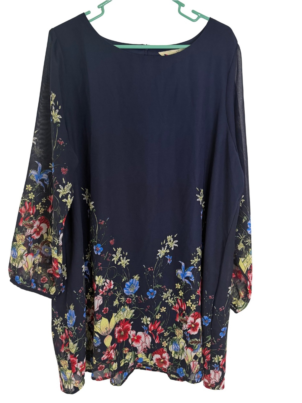 Yumi Navy Blue Floral Border Long Sleeve Knee Length Dress